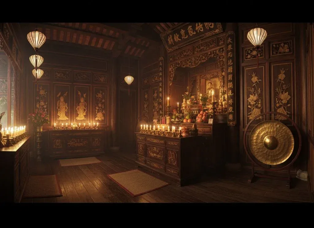 A solemn worship space adorned with lanterns and a bronze bell