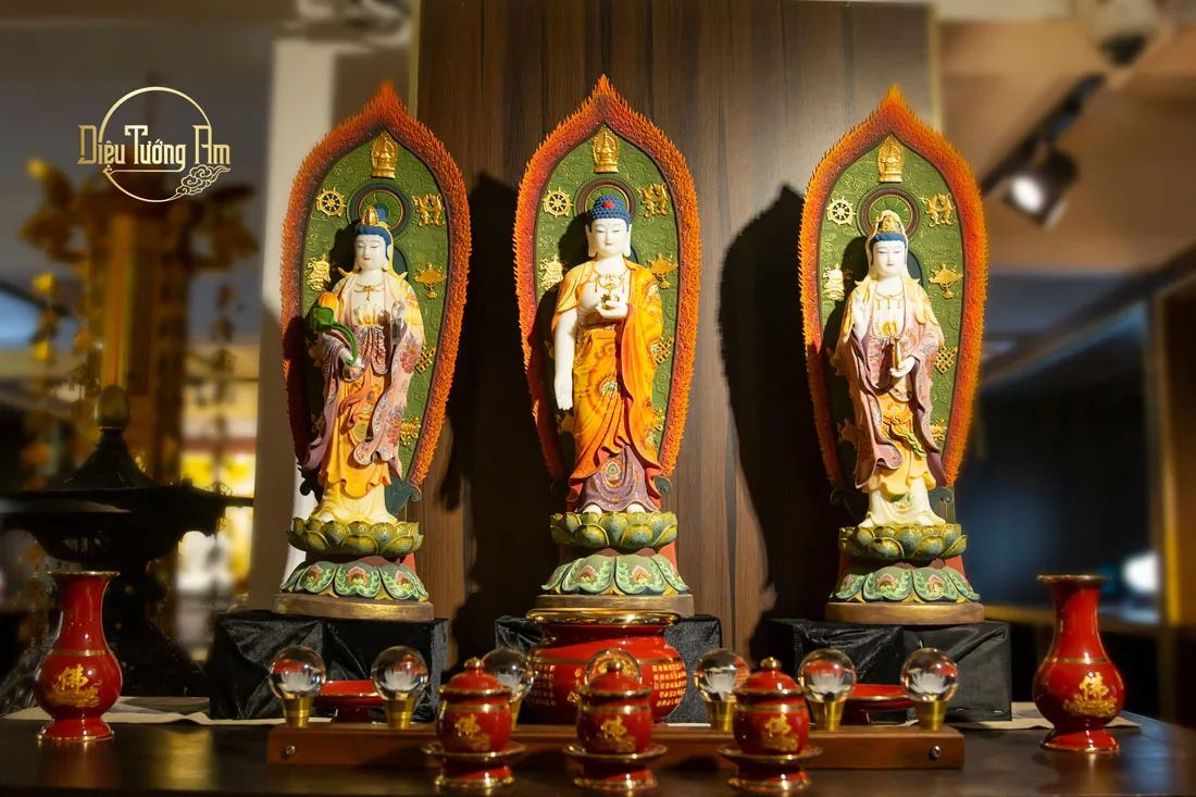 Diệu Tướng Tây Phương Tam Thánh gỗ vẽ đế mây.