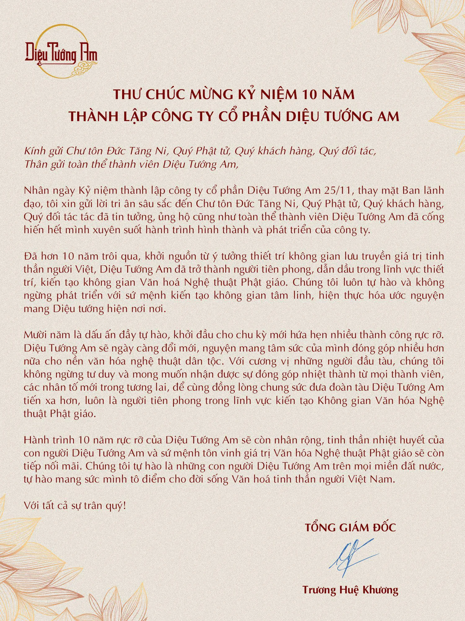 THƯ CHÚC MỪNG KỶ NIỆM 10 NĂM THÀNH LẬP CÔNG TY CỔ PHẦN DIỆU TƯỚNG AM