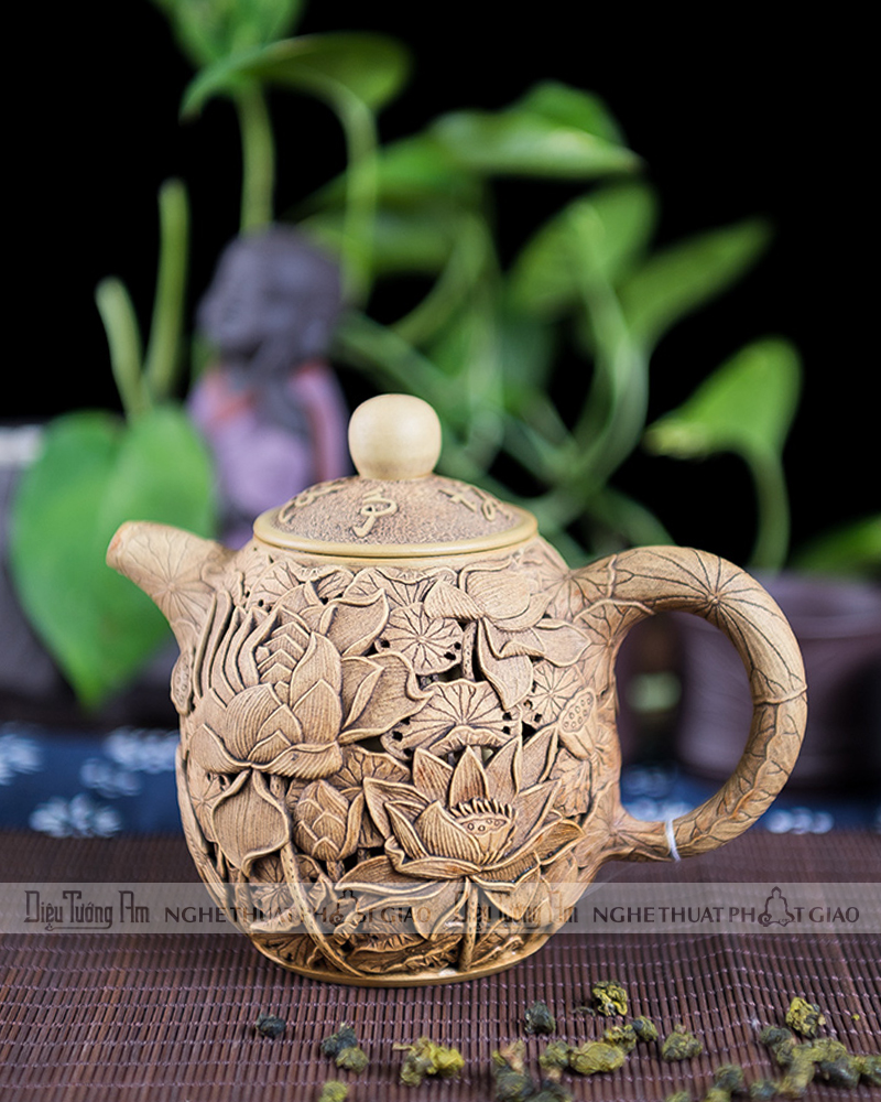 ẤM TRÀ LIÊN HOA 2 LỚP ĐIÊU KHẮC