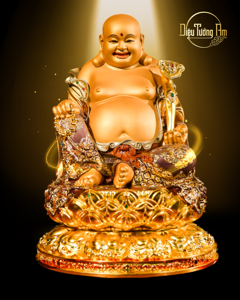 TƯỢNG DI LẠC Y RỦ MÀU PHALE BẠC ÁNH TÍM ĐÍNH ĐÁ QUÝ - 48CM