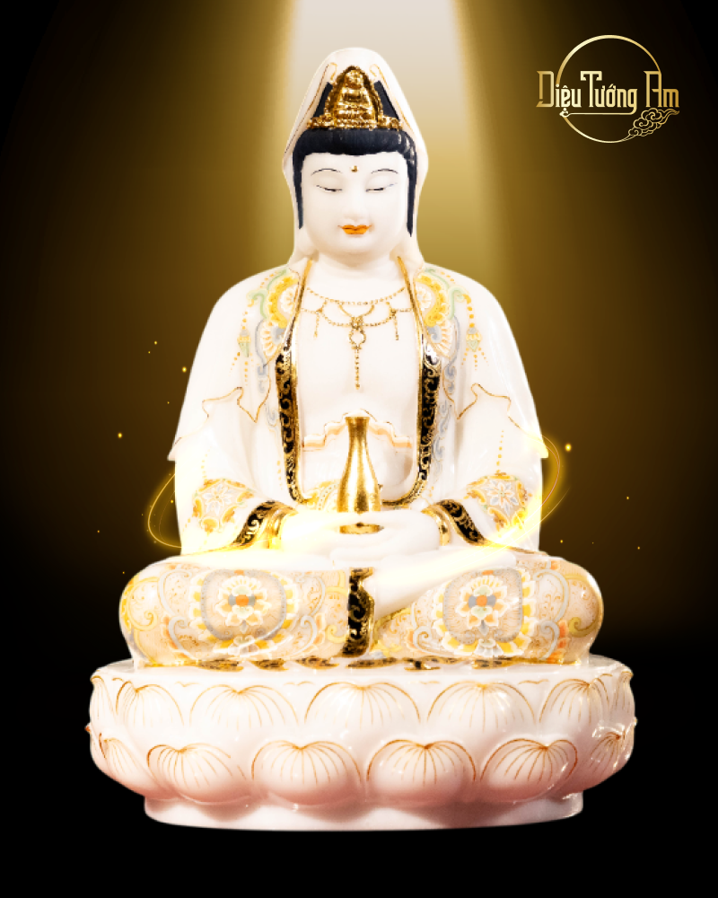 TƯỢNG QUÁN THẾ ÂM BỒ TÁT TRÌ BÌNH TỊNH THỦY - HÁN BẠCH NGỌC VẼ MÀU - 41CM
