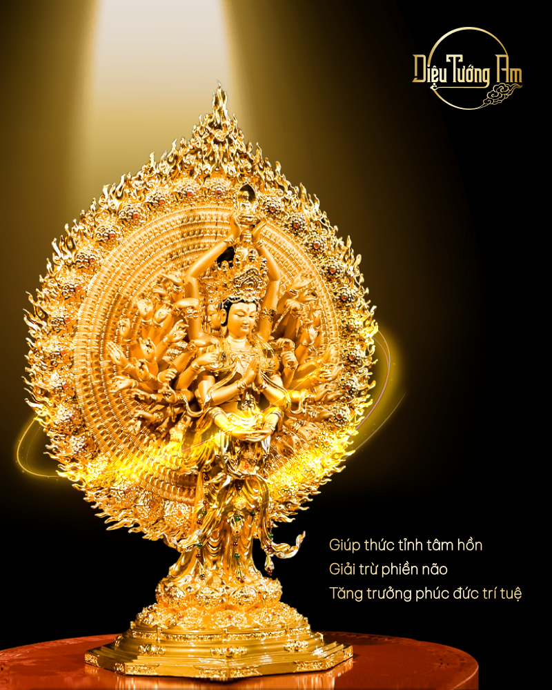 TƯỢNG THIÊN THỦ THIÊN NHÃN QUÁN ÂM - ĐỒNG THẾP VÀNG - 68CM
