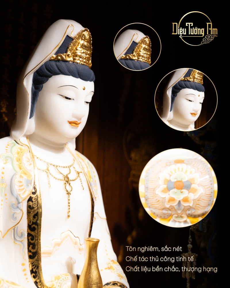 TƯỢNG QUÁN THẾ ÂM BỒ TÁT TRÌ BÌNH TỊNH THỦY - HÁN BẠCH NGỌC VẼ MÀU - 41CM