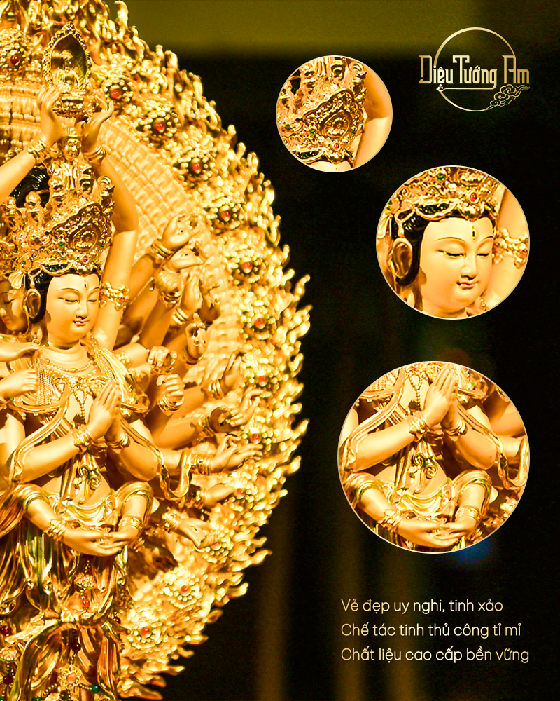 TƯỢNG THIÊN THỦ THIÊN NHÃN QUÁN ÂM - ĐỒNG THẾP VÀNG - 68CM